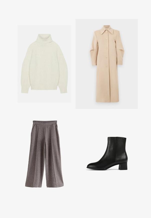 Beige uldfrakke med krave, lange ærmer og frontknapper. Har et lige design og blød tekstur, velegnet til køligere vejr.; Rullekrave sweater i creme, lavet af blødt strikket materiale. Har en afslappet pasform, raglanærmer samt ribbede ærmer og kant.; Grå vidde bukser med blødt stof, der har en flad linning, frontlokker og sidelommer. Enkel og alsidig design.; Sort læder ankelstøvle med rund tå, lav blokhælh, glat tekstur og en subtil logoaccent på anklen.