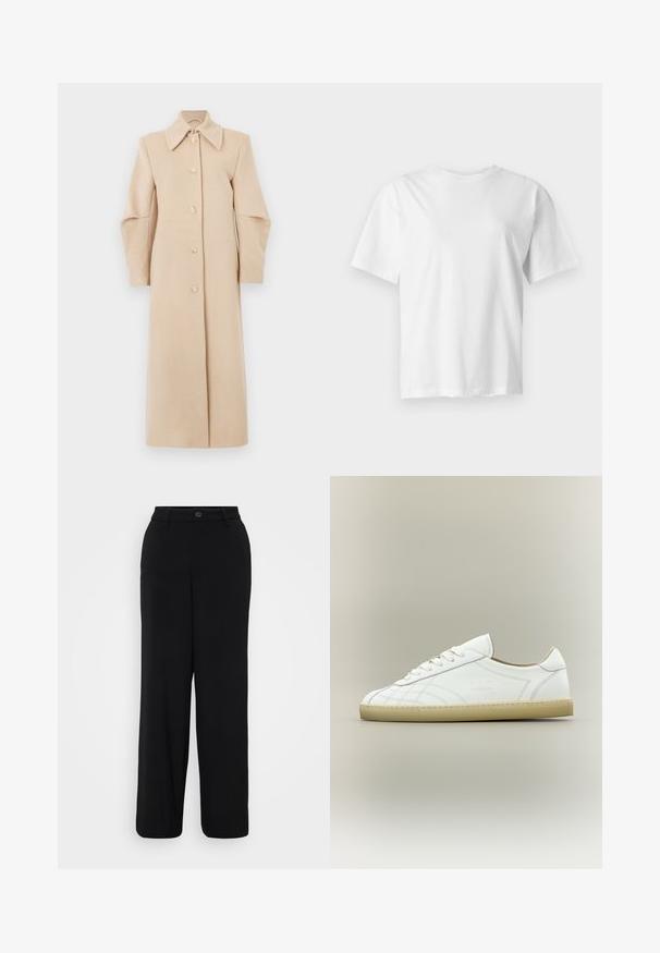 Beige uldfrakke med krave, lange ærmer og frontknapper. Har et lige design og blød tekstur, velegnet til køligere vejr.; Hvid kortærmet rundhalset t-shirt vist fladt på en lys grå baggrund.; Sorte breddebenbukser lavet af et glat stof. Har en taljebånd med en knaplukning og detaljer med frontfolder.; Hvid lavtop lædersneaker med beige sål, snøredesign og subtile syede mønstre på neutral baggrund.