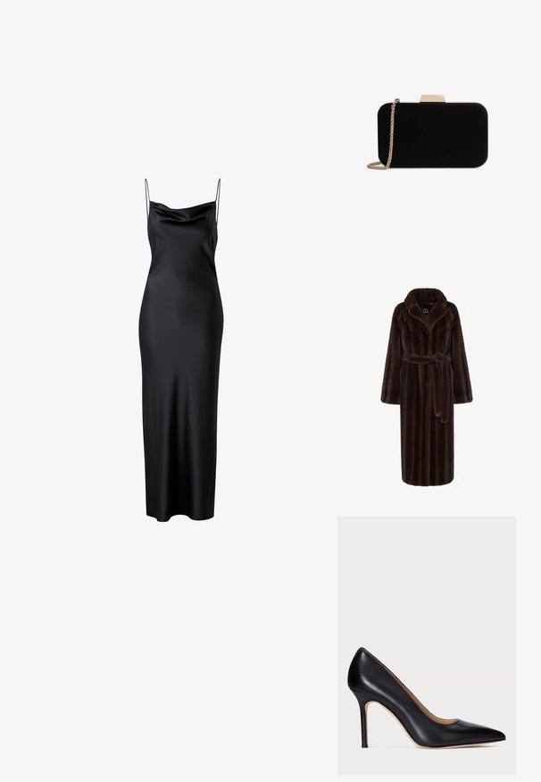 Brun faux fur badekåbe med sjalskrave, lange ærmer, bælte ved taljen og en struktureret overflade. Har et logo-tag ved halsen.; Ellos Collection Cocktailkjole / festkjole - schwarz; Sorte læder højhælede pumper med spids tå og en slank stiletto hæl. Den glatte tekstur og de minimale detaljer skaber et klassisk design.; Sort velour clutch med guldfarvede detaljer, rektangulær form og kædestrop, der har en glat tekstur og ingen synlige mønstre.