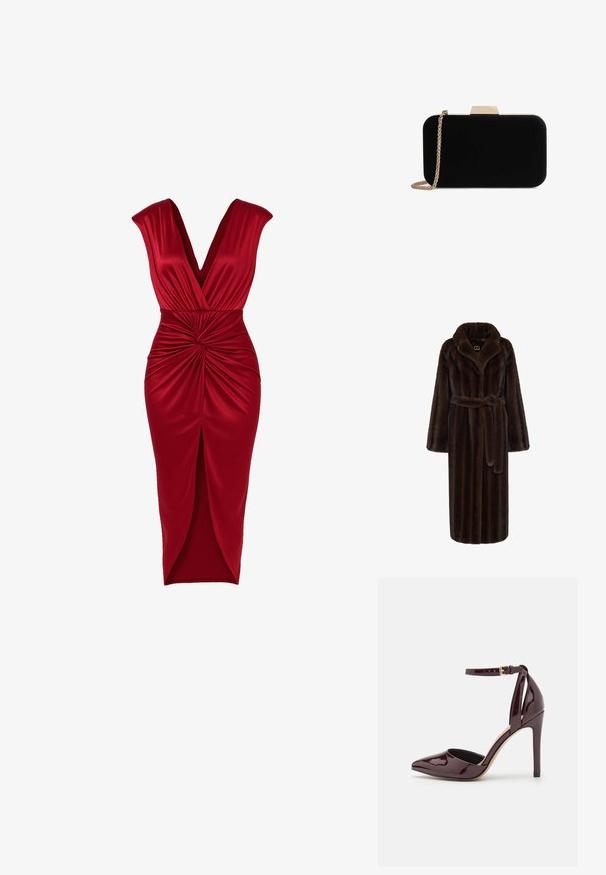 Ropa de casa de piel sintética marrón con cuello de chal, mangas largas, cinturón atado en la cintura y un acabado texturizado. Presenta una etiqueta con el logo en el cuello.; Vestido midi sin mangas de satén rojo con escote en V profundo, detalle de nudo retorcido en la cintura y falda con abertura frontal.; Zapato de charol burdeos de tacón alto con punta afilada, correa en el tobillo y un tacón de 10 cm tipo stiletto. Textura suave y detalles mínimos.; Clutch de terciopelo negro con herrajes en tono dorado, de forma rectangular y con correa de cadena, que presenta una textura suave y sin patrones visibles.