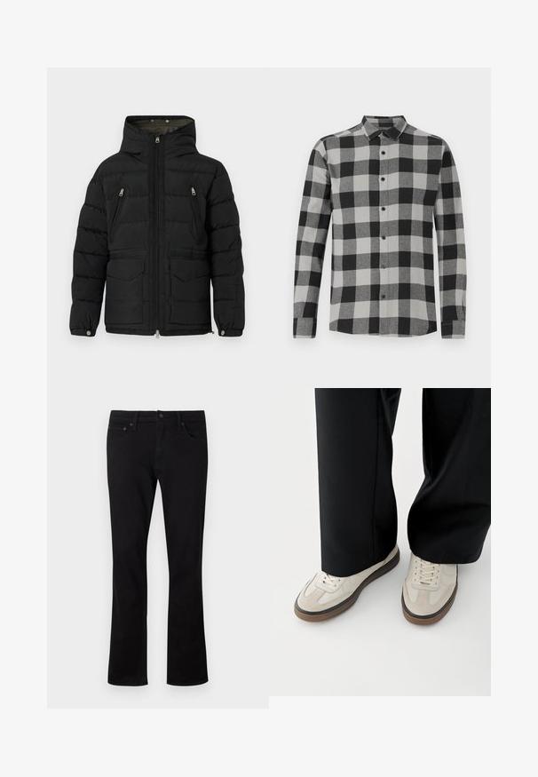 Replay CLASSIC HOODED PUFFER - Zimná bunda - black; Čierna a sivá kockovaná košeľa s dlhým rukávom, s gombíkovým zapínaním. Má golier a čierne gombíky. Vyrobená z mäkkej, textúrovanej látky.; Čierne džínsy s rovnými nohavicami, päť vreciek a jemnými stehovými detailmi. Materiál je mäkký s matným povrchom.; Nohy v béžových teniskách s hnedými podrážkami a čierne široké nohavice na bielom pozadí.