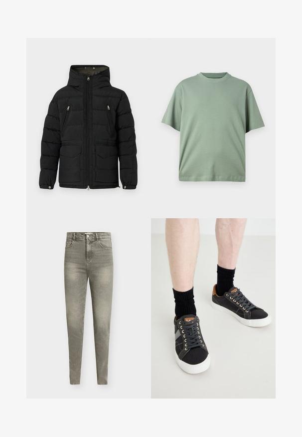 Replay CLASSIC HOODED PUFFER - Veste d'hiver - black; T-shirt vert clair à manches courtes avec un col rond, fabriqué en tissu doux. Le design présente une coupe décontractée et aucun motif visible.; Jean skinny en denim gris clair avec une taille haute, un design à cinq poches, un léger effet usé et une subtile décoloration sur tout le tissu.; Baskets en toile grises avec des semelles en caoutchouc blanches, des lacets noirs et des accents en cuir marron au niveau du talon, accompagnées de chaussettes noires à côtes.