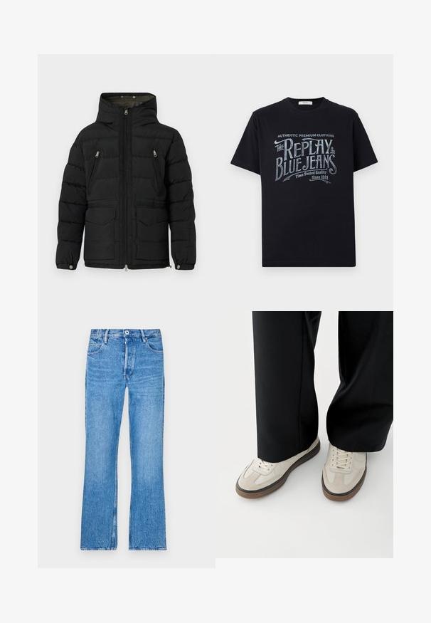 Replay CLASSIC HOODED PUFFER - Winterjacke - black; Schwarzes Baumwoll-T-Shirt mit kurzen Ärmeln und rundem Halsausschnitt, mit einem grafischen Textdesign im Vintage-Stil in Weiß und hellblau auf der Vorderseite.; Blaue, gerade geschnittene Jeans aus Denim mit einem verfärbten Waschlook. Mit Knopfverschluss, Gürtelschlaufen und dem klassischen Fünf-Taschen-Design.; Füße mit beigen Sneakers mit braunen Sohlen und schwarzen Hosen mit weitem Bein auf weißem Hintergrund.