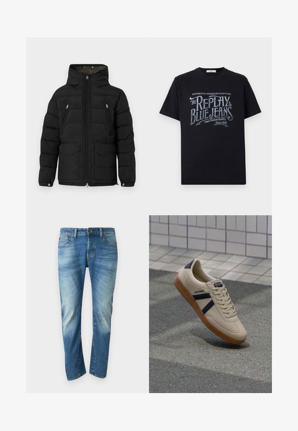 Replay CLASSIC HOODED PUFFER - Winterjacke - black; Schwarzes Baumwoll-T-Shirt mit kurzen Ärmeln und rundem Halsausschnitt, mit einem grafischen Textdesign im Vintage-Stil in Weiß und hellblau auf der Vorderseite.; Blaue ausgewaschene gerade Jeans mit fünf Taschen, Knopfverschluss und sichtbaren Nahtdetails auf der Vorderseite.; Beige Sneaker mit strukturierter Oberfläche, dunkelblauen Streifen und Gummisohle. Verfügt über eine gepolsterte Zunge und ein traditionelles Schnürsystem für einen sicheren Sitz.