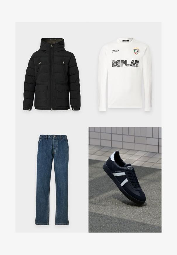 Replay CLASSIC HOODED PUFFER - Winterjacke - black; Weißes Langarmhemd mit schwarzem "REPLAY"-Schriftzug über der Brust, kleinem "REPLAY FC"-Schriftzug oben links und einem dreifarbigen Wappenemblem mit drei Sternen oben rechts.; Blaue Denim-Jeans mit geradem Bein, Fünf-Taschen-Design und Knopfverschluss. Der Stoff zeigt eine subtile Textur mit verblassten Akzenten.; Schwarze Leder-Sneaker mit weißen Streifen, strukturiertem Gummisohle und Schnürung. Verfügt über ein Markenetikett auf der Zunge.