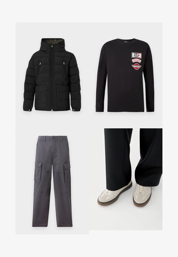Replay CLASSIC HOODED PUFFER - Vinterjakker - black; Sort langærmet skjorte med tre røde og hvide mærker på venstre bryst, der står "REPLAY", "SPECIALIST" og et vingeemblem.; Hollister Co. SKATER BAGGY - Cargobukser - grey; Fødder iført beige sneakers med brune såler og sorte bukser med vide ben på hvid baggrund.