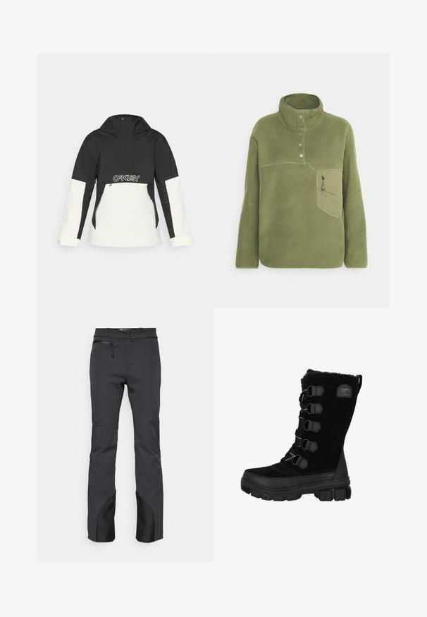 Sort og hvid jakke med hætte, der har en halvmatchende lynlås foran, lynlåslommer og et "OAKLEY"-logo på brystet. Glat tekstur.; Olivengrøn fleece pullover med høj krave, tre knapper og en lynlåslomme på brystet. Blød tekstur med kontrastsyede detaljer.; Sorte udendørsbukser lavet af teknisk stof, med en lynlåslomme, flad talje og sorte detaljer ved nederste kant.; Sorte vandtætte vinterstøvler med overdel i ruskind, pelskrave og gummisål. Har snørebåndsdesign med hexagonale snørehuller og logo-patch.