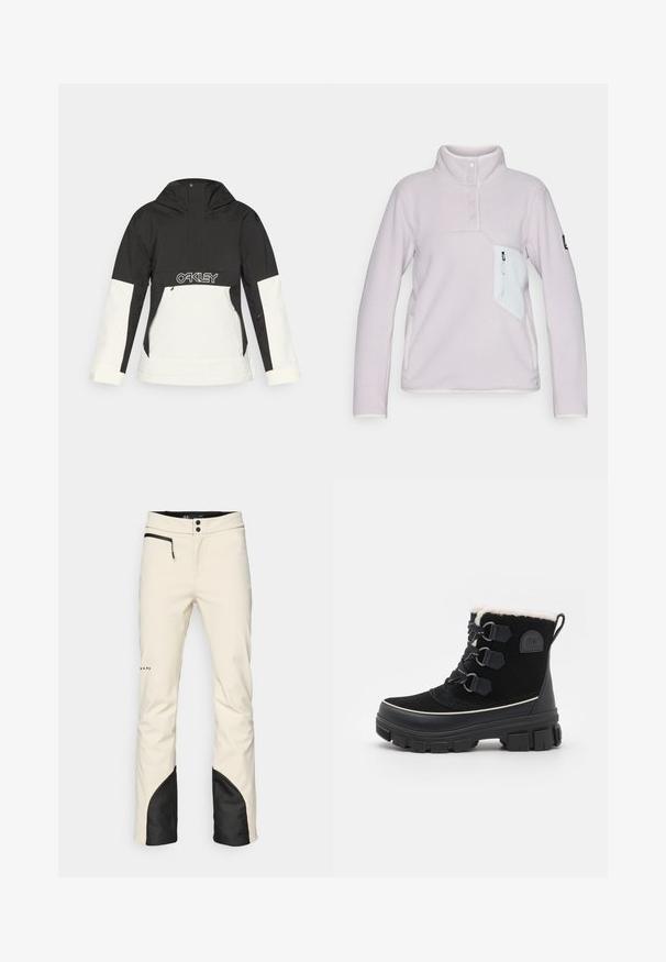 Sort og hvid jakke med hætte, der har en halvmatchende lynlås foran, lynlåslommer og et "OAKLEY"-logo på brystet. Glat tekstur.; Lyse lilla fleecepullover med høj krave, tre knapper foran og en hvid lynlåslomme på brystet. Har kontrasterende hvidt trim.; Herre skibukser i cremefarvet med sort accent ved kanten. Har en lynlåslomme, knaplukning og tapered ben. Blødt, vandafvisende materiale.; Sorte vandtætte støvler med overdel af ruskind, for af kunstpels, tre øjer snøresystem, tyk gummisål og kontrasterende hvid trim.