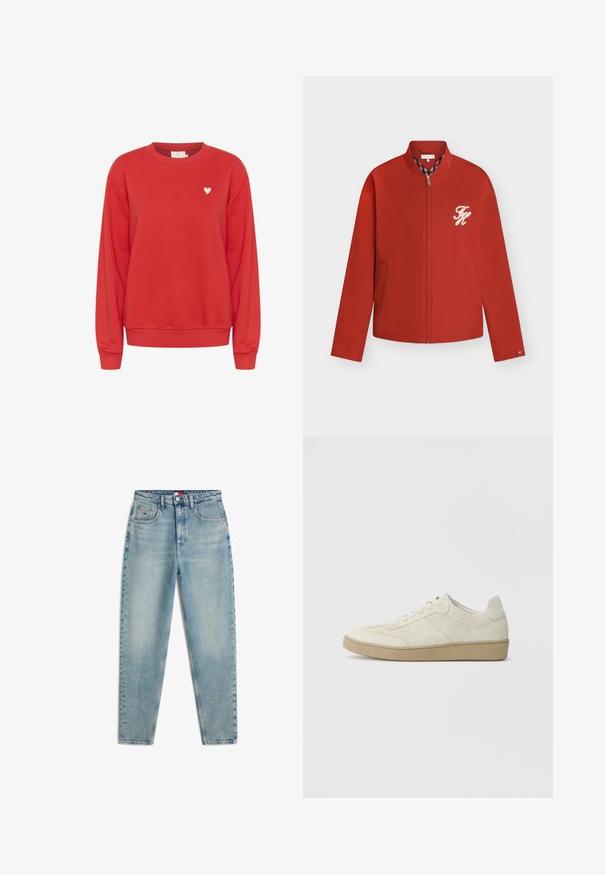 Veste rouge zippée avec deux poches avant, un petit logo brodé beige sur la poitrine gauche et une doublure de col à carreaux.; Sweatshirt rouge en tissu doux, avec un col rond, des manches longues et un petit logo en forme de cœur blanc sur la poitrine.; Jean mom taille haute bleu clair avec poches avant, passants pour ceinture, bouton, braguette zippée et décoloration subtile sur les cuisses et les genoux.; Baskets en daim beige avec un design texturé, semelle en caoutchouc plate et couture latérale distincte. Bout arrondi et col rembourré.