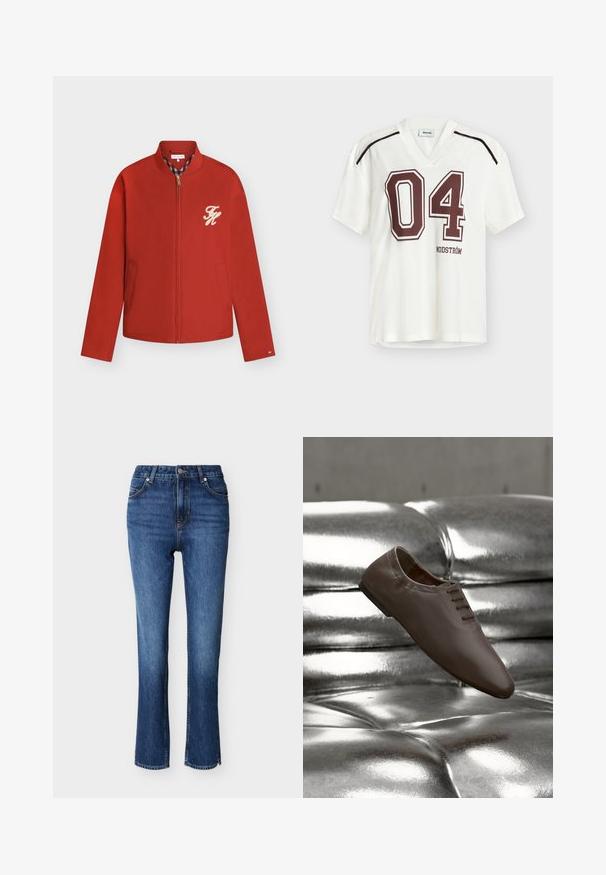 Veste rouge zippée avec deux poches avant, un petit logo brodé beige sur la poitrine gauche et une doublure de col à carreaux.; T-shirt blanc à manches courtes avec col en V, arborant un imprimé "04" rouge foncé et le texte "MODSTRÖM". Confectionné en tissu texturé avec des rayures contrastées.; Jean skinny en denim bleu foncé. Design à taille haute avec cinq poches, fermeture par bouton, et surpiqûres orange contrastantes sur les coutures.; Chaussure habillée en cuir marron flottant au-dessus d'une surface matelassée argentée métallique réfléchissante ou d'un canapé.