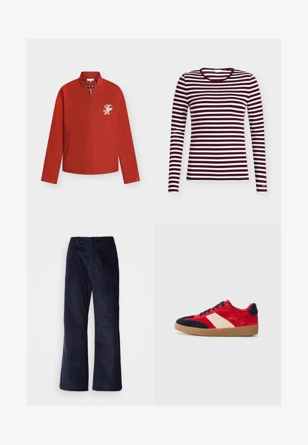 Rød lynlåstrøje med to forlommer, en lille beige broderet logo på venstre bryst og enternet kravefoer.; Langærmet crewneck-shirt med vekslende brede horisontale hvide og mørkerøde striber, lille mærkelogo på venstre manchet.; Mørkeblå kordfløjel brede bukser med lodrette ribber, elastisk talje og uden synligt hardware. Blød tekstur og afslappet pasform.; Røde ruskinds sneakers med et hvidt og marineblåt pelsdesign, rund tå, gummisål og marineblå snørebånd. Bagsiden har en marineblå struktureret detalje.