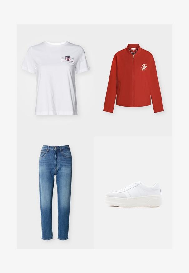 Veste rouge zippée avec deux poches avant, un petit logo brodé beige sur la poitrine gauche et une doublure de col à carreaux.; T-shirt en coton blanc à manches courtes, col rond, avec un logo brodé rouge et bleu sur le côté gauche. Texture lisse, coupe décontractée.; Jean en denim bleu taille haute avec bouton et fermeture éclair à l'avant, cinq poches, et coupe slim effilée.; Baskets blanches basses avec fermeture à lacets, semelle plateforme épaisse et accent en daim sur l'avant, vues de profil sur un fond uni.