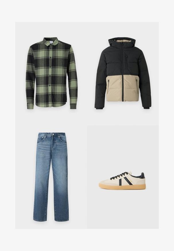 Chaqueta acolchada negra y beige con capucha, cremallera frontal, bolsillo en el pecho con cremallera y dos bolsillos con cremallera para las manos, mostrada sobre un fondo liso.; Camisa de cuadros en verde oscuro y negro con botones, de manga larga, que presenta un collar clásico y botones azules. Tejido suave y texturizado.; Jeans de mezclilla azul con corte recto, que presentan un lavado desgastado, pasadores para cinturón, cinco bolsillos y un cierre clásico de botón.; Zapatillas casuales en crema con rayas negras, con parte superior texturizada y suela de goma. Los cordones son negros. Logo sutil en el costado.