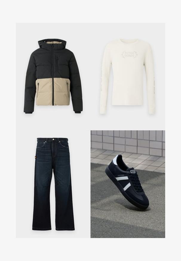 Chaqueta acolchada negra y beige con capucha, cremallera frontal, bolsillo en el pecho con cremallera y dos bolsillos con cremallera para las manos, mostrada sobre un fondo liso.; Camiseta de manga larga color crema con tejido acanalado y "DODGE DEMON" bordado en el frente, con gráficos impresos en la manga derecha. Textura suave.; Vaqueros rectos de color azul oscuro con diseño clásico de cinco bolsillos, trabillas para el cinturón y sutiles detalles desgastados en la parte frontal y las rodillas.; Zapatilla de cuero negra con rayas blancas, suela de goma texturizada y parte frontal con cordones. Cuenta con una etiqueta de marca en la lengüeta.