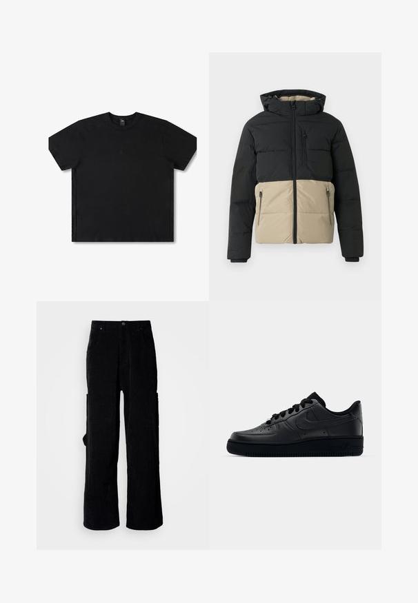 Sort og beige dunjakke med hætte, frontlynlås, lynlåslomme på brystet og to lynlåslommer ved hænderne, vist på ensfarvet baggrund.; Sort kortærmet t-shirt lavet af bomuld med rund hals, med et diskret logo i midten og en afslappet pasform.; Sorte cordfløjlsbukser med vide ben, der har en tekstureret stof, to forlommer og en sidelomme med cargo. Knappelukning ved taljen.; Sort Nike Air Force 1 sneaker med en glat læderoverdel, perforeret tå for åndbarhed, sorte snørebånd og en textured gummisål.