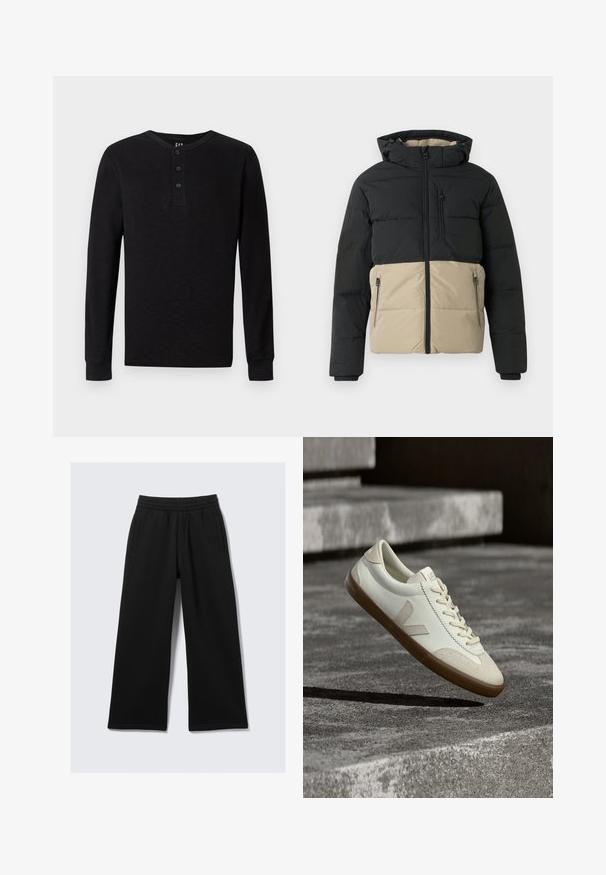 Zwart-beige donsjas met capuchon, rits aan de voorkant, ritssluiting op de borstzak en twee ritssluitzakken voor de handen, weergegeven op een egale achtergrond.; Zwarte langelijf henley-shirt met een drieknoopsluiting bij de hals, zachte textuur en geribbelde manchetten, met een klassieke pasvorm en minimalistisch ontwerp.; Zwarte wijde broek met elastische tailleband, twee zijzakken en een gladde textuur. Ontworpen voor comfort en bewegingsvrijheid.; Witte leren sneakers met een bruine rubberen zool, platte veters en een V-vormig accent aan de zijkant. Ze hebben een glad oppervlak en minimale stikdetails.