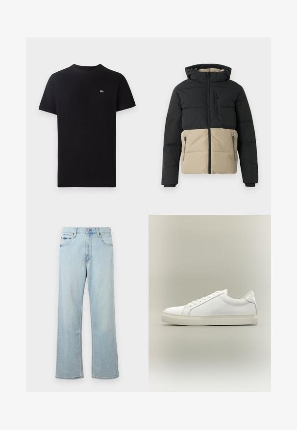 Doudoune noire et beige avec capuche, fermeture éclair devant, poche poitrine zippée et deux poches mains zippées, présentée sur fond uni.; T-shirt en coton noir avec un col rond classique, des manches courtes et un petit logo blanc brodé sur la poitrine gauche.; Jean en denim bleu clair au design large et décontracté. Comprend cinq poches, des passants de ceinture et une fermeture éclair avec un bouton.; Baskets blanches basses à lacets sur l’avant et semelle épaisse, vues de côté sur un fond neutre.