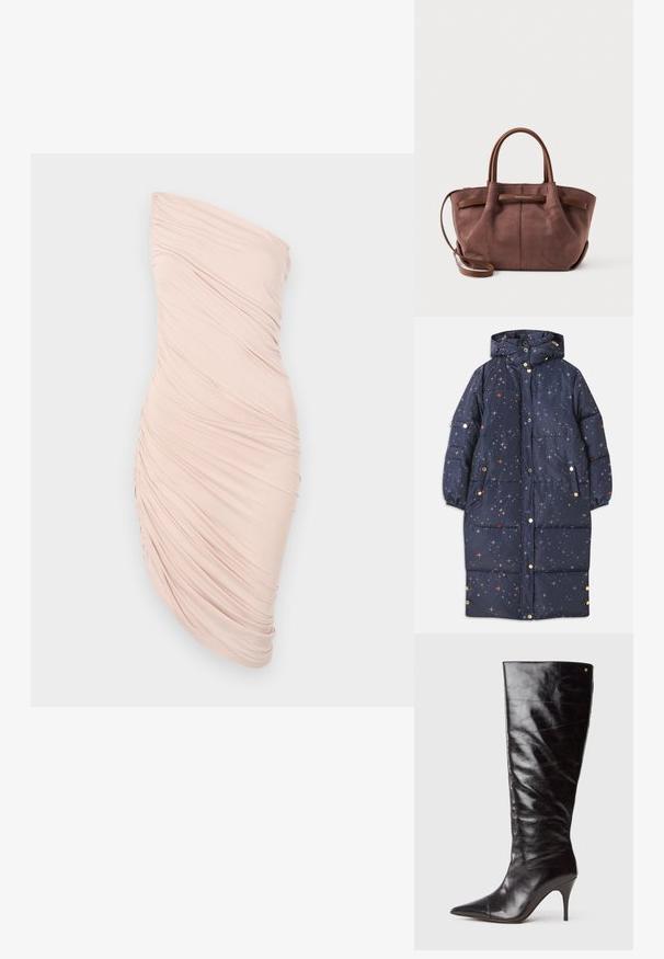 Manteau rembourré bleu marine avec capuche, arborant un motif d'étoiles dans des tons orange et gris. Comprend des boutons et deux poches latérales.; Robe bustier froncée en tissu rose pâle, avec une silhouette ajustée, une texture lisse et un design asymétrique avec des détails froncés sur un côté.; Botte haute en cuir noir avec talon aiguille, à bout pointu et légèrement froissée sur le tige, présentée en profil sur fond blanc.; Sac à main en daim marron avec doubles poignées et une bandoulière amovible. Présente une texture lisse et un petit logo sur le devant.