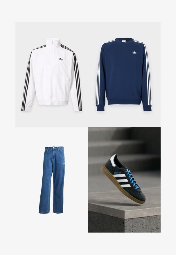Hvid lynlåsjakke med sorte striber ned ad ærmerne og et sort Adidas-logo på venstre bryst.; Mørkeblå sweatshirt med ribbede ærmeafslutninger og hals; har hvide lodrette striber på ærmerne og et lille hvidt logo på brystet.; Blå højtaljede viddebukser i denim med forlommer, bælteløkker, knaplukning og lille Adidas-logo på højre lår.; Sort Adidas sneaker med hvide striber, blå snørebånd og gummisål, der svæver over gråt betontrin i blødt lys.