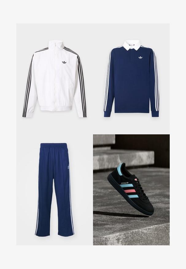 Valge lukuga jakk, mille varrukatel on mustad triibud ja must Adidas logo vasakul rinnal.; Tumesinine pikemate varrukatega polosärk, puuvillane kangas, valge krae, varrukatel kolm klassikalist valget triipu ning väikese logoga rinnal.; Tumed sinised spordipüksid lõdva lõikega, valgete külgtriipudega ja elastse vöökoha ning sileda kangaga, ilma nähtavate mustrite või lisadega.; Must Adidas Spezial toss siniste ja roosade triipudega, hõljumas tekstuurse halli betoonpinna kohal, all varjuga.