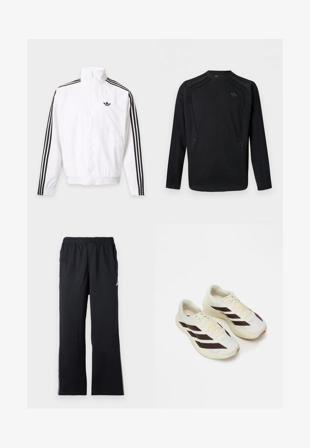 Biela bunda na zips s čiernymi pruhmi na rukávoch a čiernym logom Adidas na ľavej strane hrude.; Čierna mikina s dlhým rukávom a okrúhlym výstrihom, s nenápadným logom Adidas trefoil na hrudi a bočnými vreckami so zipsom, s prešívanými panelovými detailmi.; Čierne športové nohavice vyrobené z elastického materiálu, so všitou elastickou páskou a bočnými akcentmi. Rovno strihaný dizajn s jemným detailom loga.; Svetlé krémové bežecké tenisky s tmavohnedými diagonálnymi pruhmi, textúrovaný vrch z sieťoviny a polstrovanú podrážku. Obsahujú žltú značku "ADIZERO".