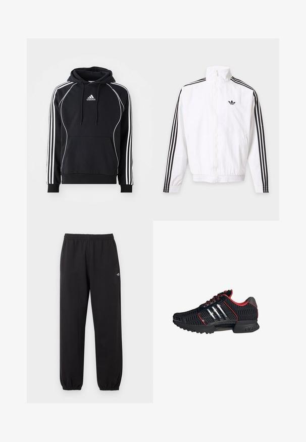 Witte jas met rits, met zwarte strepen op de mouwen en een zwart Adidas-logo op de linkerborst.; Zwarte Adidas hoodie met witte strepen op de mouwen, witte piping aan de voorkant, een voorvak en een capuchon met trektouw.; Zwarte Adidas joggingbroek met elastische tailleband en boorden, met een klein wit Adidas trefoil-logo op de bovenkant van het linkerbeen.; Zwarte sportschoen met rode voering, ademend mesh bovenwerk, drie reflecterende zilveren strepen aan de zijkant en een getextureerde zool voor grip.