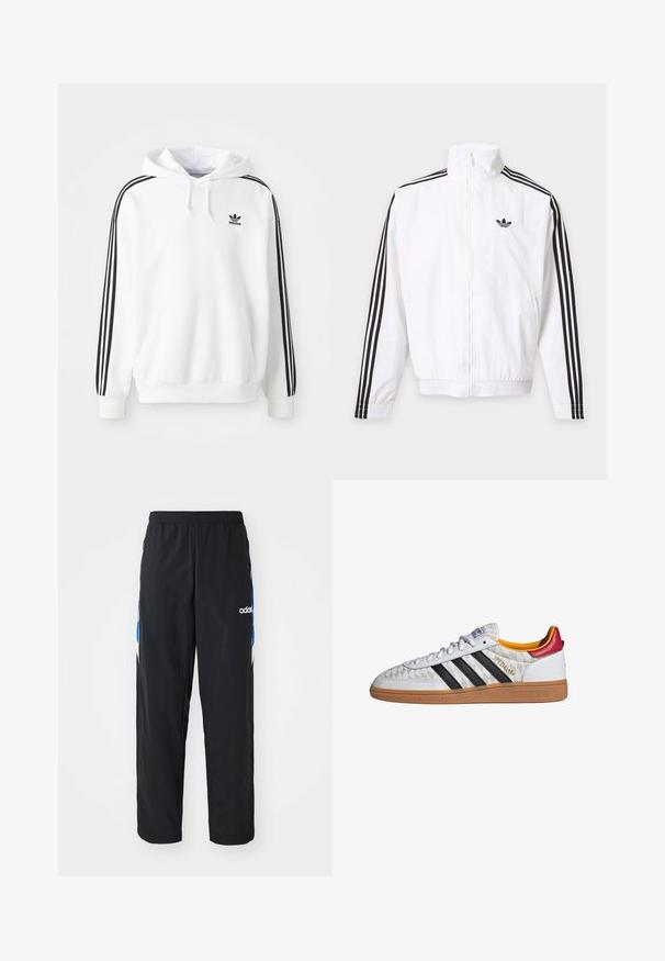 Weisse Jacke mit Reißverschluss, schwarze Streifen an den Ärmeln und schwarzes Adidas-Logo auf der linken Brust.; Weißer Hoodie mit einer vorderen Kängurutasche, Kapuze mit Zugband und schwarzem Adidas-Logo. Mit schwarzen Streifen an den Ärmeln. Weicher Stoff.; Schwarze Sporthose mit elastischem Bund, ausgestattet mit blauen und weißen grafischen Akzenten an den Seiten und einem gestickten Logo.; Weißer Adidas Spezial Sneaker mit schwarzen Streifen, Gummisohle, gestepptem Muster, rotem Fersenlaschen und gelber Innenausstattung, Seitenansicht.