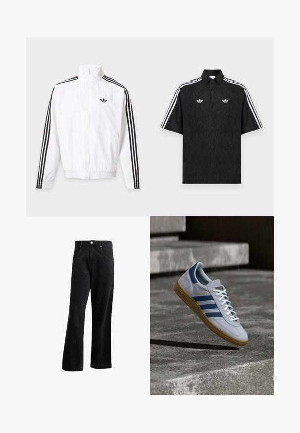 Hvid lynlåsjakke med sorte striber ned ad ærmerne og et sort Adidas-logo på venstre bryst.; Sort kortærmet skjorte med knapper og et subtilt flammemønster, hvide Adidas trefoil-logoer på brystet og hvide tre striber på ærmerne.; Sorte denim jeans med straight-leg design, der har frontlommer, en knaplukning og en let tekstur. Inkluderer en diskret logo detalje.; Lyseblå Adidas Spezial sneakers med marineblå striber og gummisål, vist i luften over betontrapper i et neutralt udendørsmiljø.