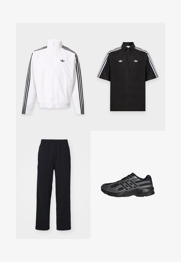 Hvid lynlåsjakke med sorte striber ned ad ærmerne og et sort Adidas-logo på venstre bryst.; Sort kortærmet skjorte med knapper og et subtilt flammemønster, hvide Adidas trefoil-logoer på brystet og hvide tre striber på ærmerne.; Sorte sweatpants med elastisk talje, lige ben og stikninger. Fremstillet af blødt, tekstureret stof.; Sorte træningssko lavet af mesh og syntetiske materialer, med en tekstureret overflade, flere grå striber og en polstret krave.