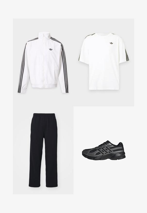 Witte jas met rits, met zwarte strepen op de mouwen en een zwart Adidas-logo op de linkerborst.; Witte katoenen t-shirt met korte mouwen, voorzien van zwarte drie-strepen accenten op de schouders en een klein zwart logo op de borst.; Zwarte sweatpants met een elastische tailleband, rechte benen en gestikte details. Gemaakt van zachte, textuurstof.; Zwarte sportschoenen gemaakt van mesh en synthetische materialen, met een getextureerd oppervlak, meerdere grijze strepen en een gevoerde kraag.