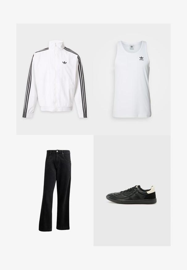 Hvid lynlåsjakke med sorte striber ned ad ærmerne og et sort Adidas-logo på venstre bryst.; Hvid ribbet tanktop med rund halsudskæring, sort Adidas-logo på venstre bryst og uden ærmer. Blødt bommateriale, afslappet pasform.; Sorte denim jeans med straight-leg design, der har frontlommer, en knaplukning og en let tekstur. Inkluderer en diskret logo detalje.; ALDO THEPITCH - Sneakers - black