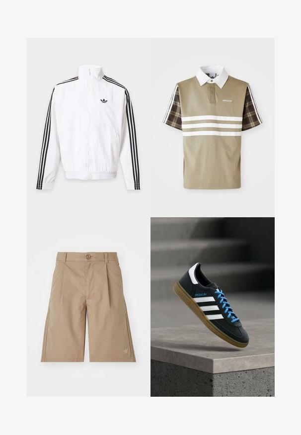 Chaqueta blanca con cremallera, con rayas negras en las mangas y un logo negro de Adidas en el pecho izquierdo.; Polo de color verde oliva con rayas blancas y un patrón de cuadros en las mangas cortas. Presenta un cuello blanco y un logo en el pecho.; Bermudas de algodón beige con corte recto, pliegues frontales y cierre de botón único. Presentan un sutil logo en la parte inferior izquierda.; Zapatilla negra Adidas con franjas blancas, cordones azules y suela de goma flotando sobre un escalón de hormigón gris con luz suave.