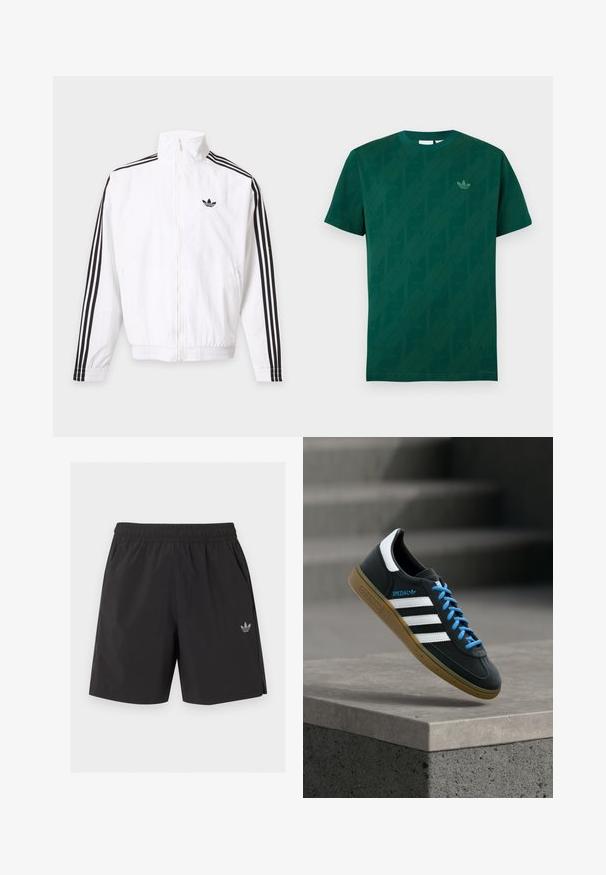 Veste blanche zippée avec des rayures noires le long des manches et un logo Adidas noir sur la poitrine gauche.; T-shirt vert foncé à manches courtes et col rond avec des logos Adidas Trefoil diagonaux subtils et un petit logo Trefoil sur la poitrine gauche.; Short de sport noir à taille élastique avec poches latérales et petit logo Adidas sur la jambe gauche.; Baskets Adidas noires avec des rayures blanches, des lacets bleus et une semelle en gomme flottant au-dessus d'une marche en béton grise sous une lumière douce.