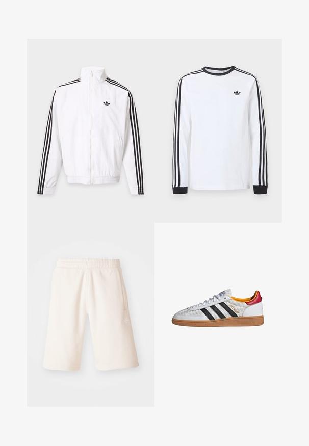 Chaqueta blanca con cremallera, con rayas negras en las mangas y un logo negro de Adidas en el pecho izquierdo.; Camiseta blanca de manga larga de Adidas con cuello redondo negro, puños negros, tres rayas negras a lo largo de las mangas y logo negro de trébol en el pecho.; Pantalones cortos de algodón color crema con cintura elástica, bolsillos laterales y un logotipo sutil en la pierna izquierda. Textura suave y diseño hasta la rodilla.; Zapatilla Adidas Spezial blanca con rayas negras, suela de goma, patrón acolchado, lengüeta roja en el talón y forro interior amarillo, vista lateral.