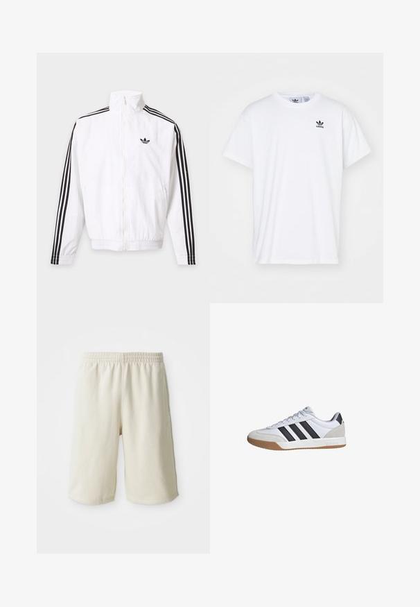 Chaqueta blanca con cremallera, con rayas negras en las mangas y un logo negro de Adidas en el pecho izquierdo.; Camiseta blanca de algodón con mangas cortas, escote redondo y un logo negro de Adidas con tres franjas en la zona del lado izquierdo del pecho.; Pantalones cortos deportivos de color beige claro con una cintura elástica, textura suave y un sutil detalle del logo en la parte inferior izquierda. Sin bolsillos.; Zapatilla deportiva blanca con detalles en ante gris, tres franjas negras y suela de goma color caramelo. Cuenta con un diseño de cordones y un cuello acolchado.