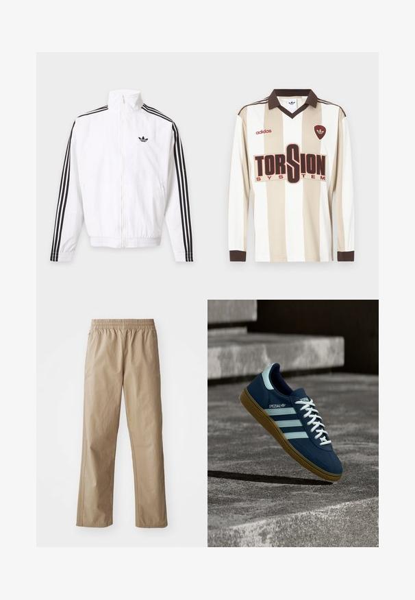 Valge lukuga jakk, mille varrukatel on mustad triibud ja must Adidas logo vasakul rinnal.; Beige ja valgete triipudega pikade varrukatega jalgpallipusa; varustatud pruunide kaeluse ja mansettidega, suure punase "TORSION SYSTEM" logoga ning adidas'i brändinguga.; Beežid, kerged püksid elastse vöökohaga, sirgete säärte ja küljetaskutega. Sile tekstuur peente õmblusedetailidega.; Sinine Adidas Spezial tennisk, valgete triipude ja paeltega, kummist tallaga, hõljub kareda betoonpinna ja sammude kohal taustal.
