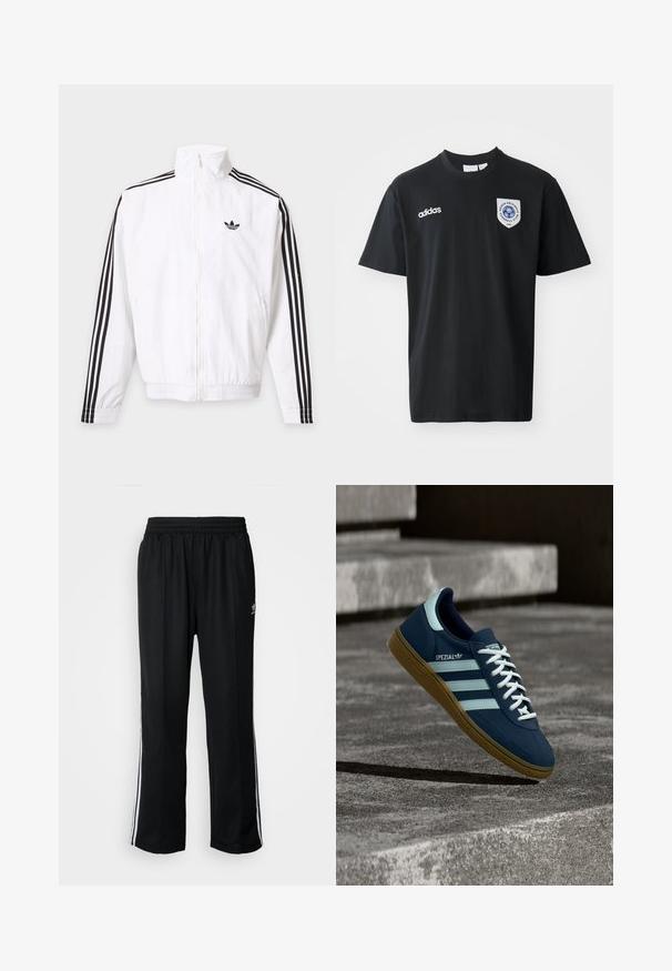 Hvid lynlåsjakke med sorte striber ned ad ærmerne og et sort Adidas-logo på venstre bryst.; Sort kortærmet t-shirt lavet af bomuld, med rund hals. Indeholder hvidt Adidas-logo og et mærke med et blåt emblem på venstre bryst.; Sorte træningsbukser med elastisk talje, der har hvide sidestænger og et lille logo. Materialet ser blødt og let ud.; Blå Adidas Spezial sneaker med hvide striber og snørebånd, gummisål, svævende over en ru betongoverflade og trin i baggrunden.