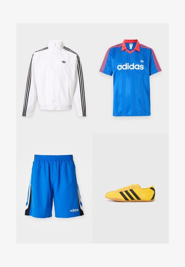 Biela bunda na zips s čiernymi pruhmi na rukávoch a čiernym logom Adidas na ľavej strane hrude.; Modrá športová krátkoročná košeľa Adidas s červeným golierom a pruhmi na pleciach, s bielym logom Adidas a emblémom trefoil na hrudi.; Modré športové šortky s elastickým pásom, čiernymi bočnými panelmi a bielymi pásikmi. Na prednej strane majú vyšívané logo.; Žltá športová obuv s textúrovaným zvrškom, s čiernymi pruhmi a logom. Zaoblená špička, mäkká podrážka a vzor v tvare cik-cak na materiáli.