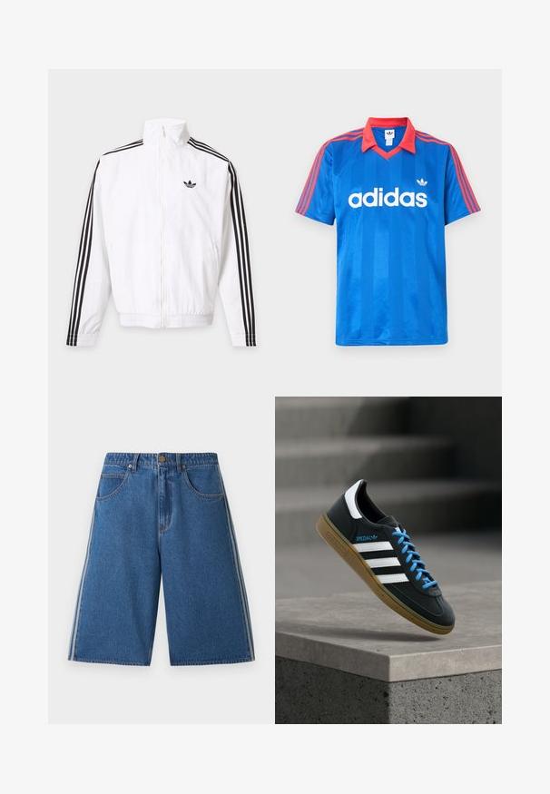 Fehér cipzáras kabát fekete csíkokkal az ujjakon és egy fekete Adidas logóval a bal mellrészen.; Kék Adidas rövid ujjú sportpóló piros gallérral és vállakon csíkokkal, fehér Adidas logóval és háromlevelű emblémával a mellkason.; Kék farmer térdig érő rövidnadrág elülső zsebekkel, gombos záródással, övbújtatókkal és mindkét lábon fehér oldalsávokkal.; Fekete Adidas tornacipő fehér csíkokkal, kék fűzőkkel és gumitalppal, amely finom fényben lebeg egy szürke betonlépcső felett.