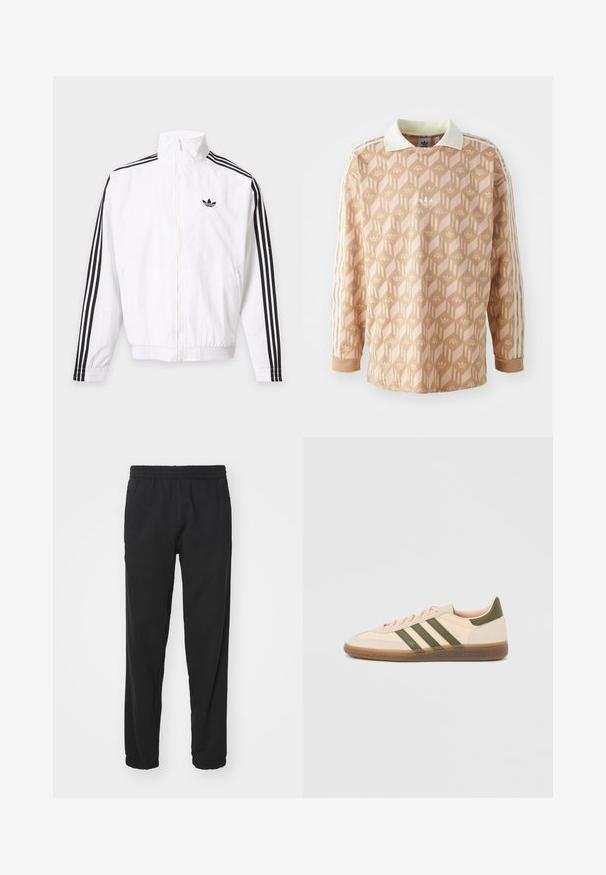 Hvid lynlåsjakke med sorte striber ned ad ærmerne og et sort Adidas-logo på venstre bryst.; Langærmet skjorte i en lys ferskenfarve med et geometrisk mønster. Har en hvid krave og tre creme striber på hver ærme.; Sorte letvægts joggerbukser med elastisk talje, tætsiddende ben, samlede manchetter og sidelommer for øget funktionalitet.; Beige Adidas Spezial sneaker med lav profil, grønne striber, gummisål og "SPEZIAL"-branding på siden, vist fra ydersiden.
