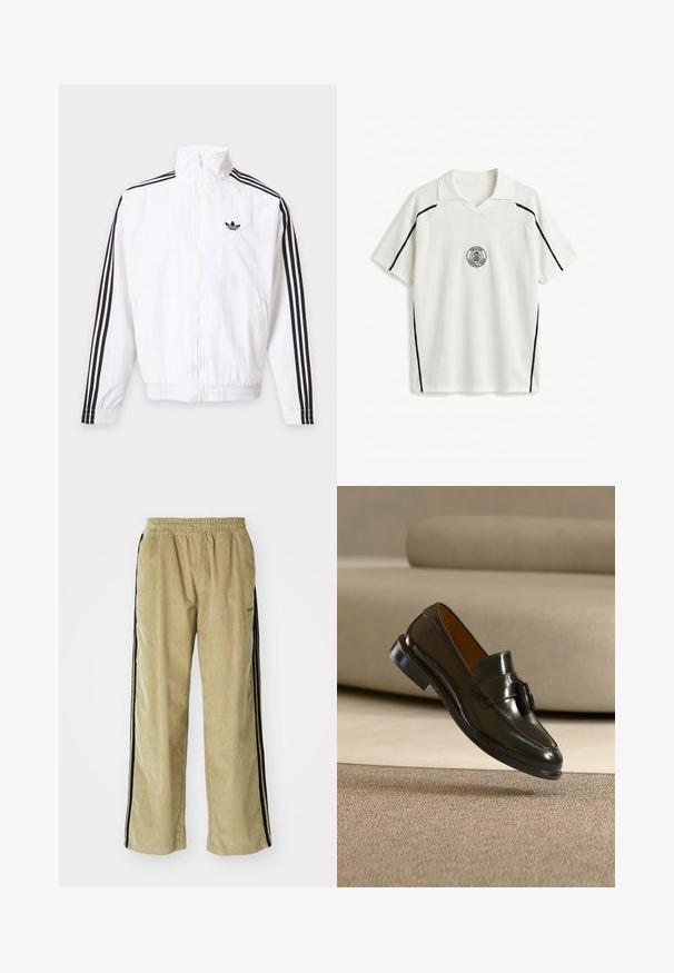Biela bunda na zips s čiernymi pruhmi na rukávoch a čiernym logom Adidas na ľavej strane hrude.; Biely krátky rukáv futbalový dres s čiernymi pruhmi na rukávoch a stranách, golierom a okrúhlym logom "Pegador Football Team" na hrudi.; Bežové kordové nohavice s elastickým pásom, s čiernymi bočnými pruhmi. Tkanina má ryhovanú textúru, na spodnej strane sú mierne rozšírené.; Čierna kožená mokasína so strapcami vznášajúca sa nad béžovým koberecom s béžovou pohovkou v pozadí.