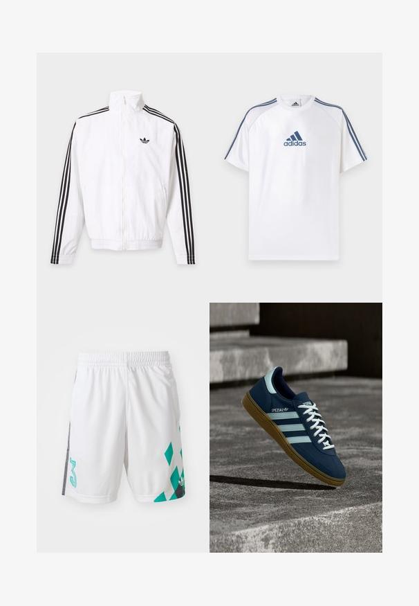 Biela bunda na zips s čiernymi pruhmi na rukávoch a čiernym logom Adidas na ľavej strane hrude.; Biele tričko Adidas s modrými akcentmi, krátkymi rukávmi a okrúhlym výstrihom. Na prednej strane je modré logo Adidas a na ramenách tri pruhy.; Biele športové šortky s elastickým pásom, zdobené teal geometrickým vzorom a čiernymi akcentmi na stranách. Obsahujú veľké číslo "3".; Modré tenisky Adidas Spezial s bielymi pruhmi a šnúrkami, gumovou podrážkou, plávajúce nad drsným betónovým povrchom a schodmi v pozadí.