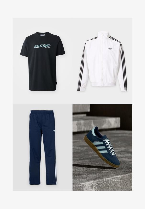 Valkoinen vetoketjullinen takki, jossa mustat raidat hihoissa ja musta Adidas-logo vasemmassa rinnassa.; Musta puuvillapaita lyhyillä hihoilla, jossa on kiiltävä, monivärinen "ADIDAS"-logo edessä. Klassinen pyöreä pääntie.; Laivastonsiniset urheiluhousut, joissa on joustava vyötärönauha, valkoiset sivuraidat ja kirjailtu logo vasemmassa reidessä. Sileä kangaspinta.; Sininen Adidas Spezial -tenissukat valkoisilla raidoilla ja nauhoilla, kumipohjalla, leijuu karhean betonipinnan ja portaiden yläpuolella taustalla.