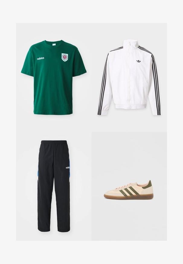 Hvid lynlåsjakke med sorte striber ned ad ærmerne og et sort Adidas-logo på venstre bryst.; Grøn bomulds T-shirt med rund hals, korte ærmer, Adidas-logo på venstre side og et cirkulært mærke med et rødt design på højre side.; Sorte træningsbukser med elastisk talje, prydet med blå og hvide grafiske detaljer på siderne og et broderet logo.; Beige Adidas Spezial sneaker med lav profil, grønne striber, gummisål og "SPEZIAL"-branding på siden, vist fra ydersiden.