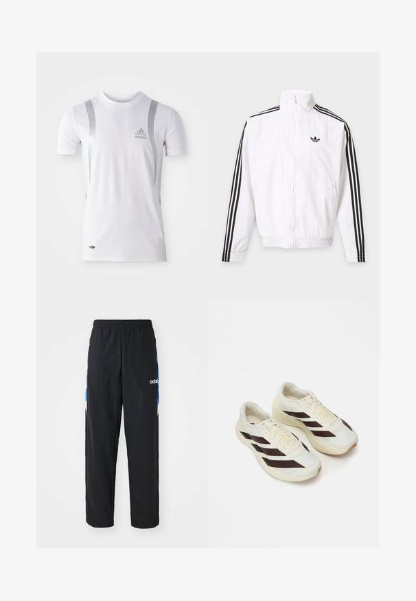 Hvid lynlåsjakke med sorte striber ned ad ærmerne og et sort Adidas-logo på venstre bryst.; Hvid kortærmet træningsskjorte med sølvdetaljer, med rund hals og et Adidas-logo på brystet. Lavet af fugttransporterende materiale.; Sorte træningsbukser med elastisk talje, prydet med blå og hvide grafiske detaljer på siderne og et broderet logo.; Lysecreme løbesko med mørkebrune diagonale striber, tekstureret mesh-overdel og polstret sål. Har gule "ADIZERO" branding.