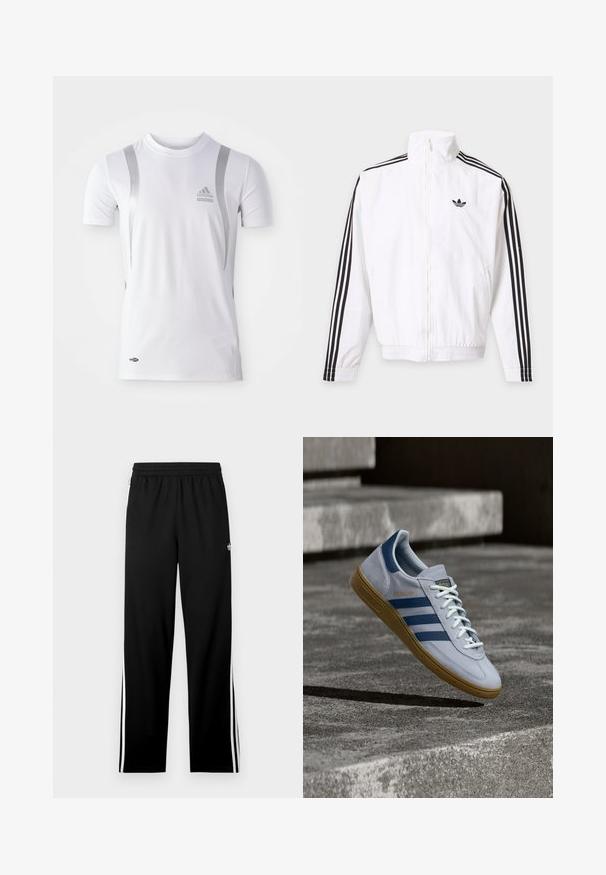 Chaqueta blanca con cremallera, con rayas negras en las mangas y un logo negro de Adidas en el pecho izquierdo.; Camiseta atlética blanca de manga corta con detalles plateados, presenta un cuello redondo y un logo de Adidas en el pecho. Fabricada con tela que absorbe la humedad.; Pantalones deportivos negros de tela de malla, con un diseño de corte recto, cinturilla elástica y rayas laterales blancas. Se muestra un logo deportivo.; Zapatilla Adidas Spezial azul claro con rayas azul marino y suela de goma, mostrada en el aire sobre escalones de hormigón en un entorno exterior neutral.