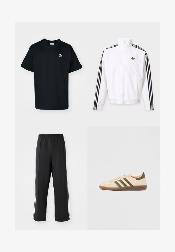Weisse Jacke mit Reißverschluss, schwarze Streifen an den Ärmeln und schwarzes Adidas-Logo auf der linken Brust.; Schwarzes Baumwoll-T-Shirt mit Rundhalsausschnitt und kurzen Ärmeln, das ein kleines weißes Adidas-Logo auf der linken Brustseite trägt.; Schwarze Jogginghose mit elastischem Bund, ausgestattet mit weißen seitlichen Streifen und einem lässigen Schnitt. Hergestellt aus weichem, dehnbarem Stoff.; Flacher, beigefarbener Adidas Spezial Sneaker mit grünen Streifen, Gummisohle und "SPEZIAL" Schriftzug an der Seite, von der Außenseite gezeigt.
