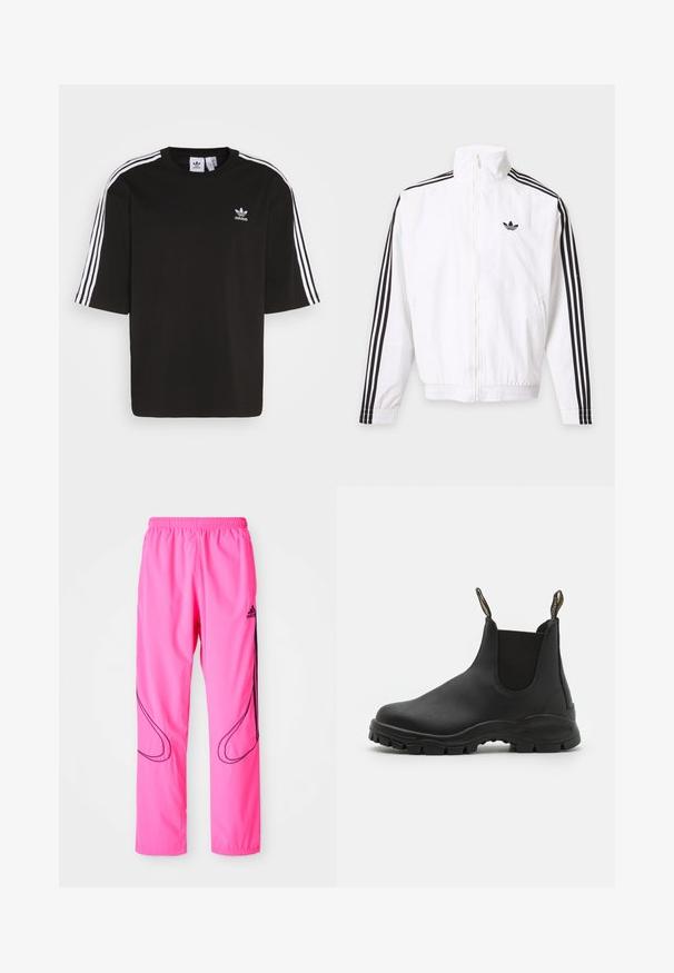 Veste blanche zippée avec des rayures noires le long des manches et un logo Adidas noir sur la poitrine gauche.; T-shirt noir à manches courtes en coton, avec des accents de trois rayures blanches sur les épaules et un logo Adidas brodé sur la poitrine.; Pantalons de sport roses avec une taille élastique, des poches latérales et des motifs arrondis noirs contrastants avec le logo Adidas.; Bottines noires en caoutchouc lisse avec des panneaux latéraux élastiques, une semelle texturée pour une bonne adhérence et des languettes à l'arrière pour un enfiler facile.