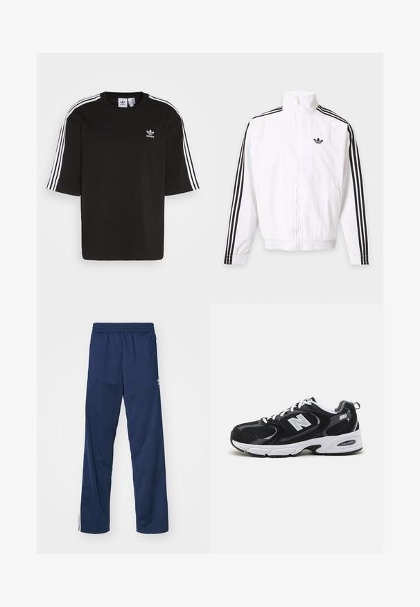 Biela bunda na zips s čiernymi pruhmi na rukávoch a čiernym logom Adidas na ľavej strane hrude.; Čierne tričko s krátkymi rukávmi vyrobené z bavlny, s bielymi trojpruhovými detailmi na ramenách a vyšitou logom Adidas na hrudi.; Námornícke modré športové nohavice s elastickým pásom, s bielymi postrannými pruhmi a logom na ľavom stehne.; Čierne a šedé športové topánky s hornou časťou z mikrovlákna a zamatu, s bielou medzipodrážkou, šnúrkami a výrazným logom "N" na boku.