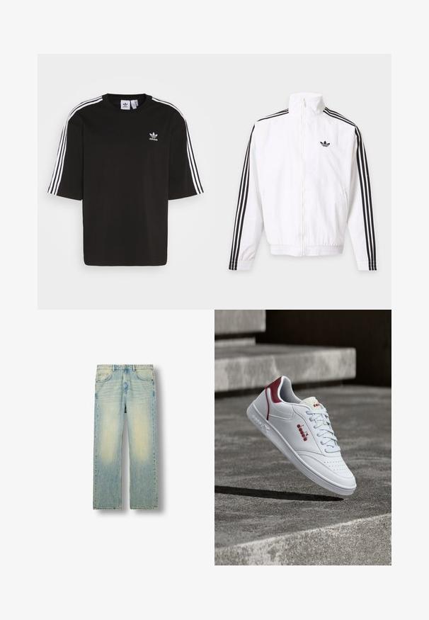 Biela bunda na zips s čiernymi pruhmi na rukávoch a čiernym logom Adidas na ľavej strane hrude.; Čierne tričko s krátkymi rukávmi vyrobené z bavlny, s bielymi trojpruhovými detailmi na ramenách a vyšitou logom Adidas na hrudi.; Svetlomodré džíny s rovnými nohavicami, s vyblednutím na stehnách, klasickým päťvreckovým strihom a pútkami na opasok, zobrazené na bielom pozadí.; Biele kožené tenisky s textúrovanou gumovou podrážkou, s vínovým detailom na päte a reliéfnym logom, a svetlomodrými šnúrkami.
